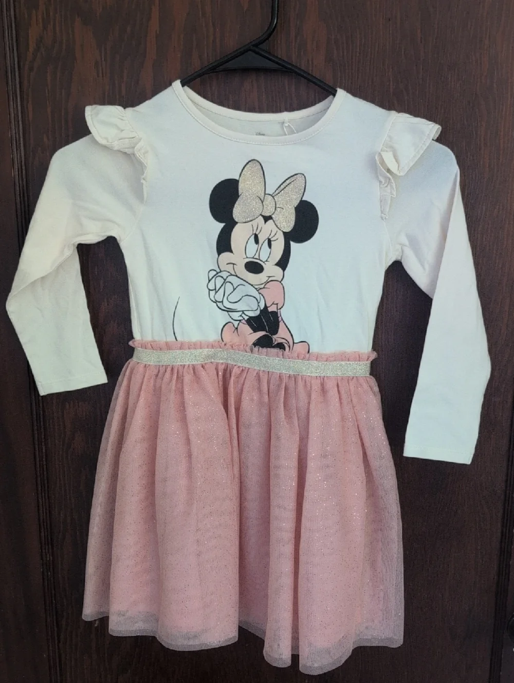 Disney White Top with Pink Glitter Tulle Skirt Minnie Dress